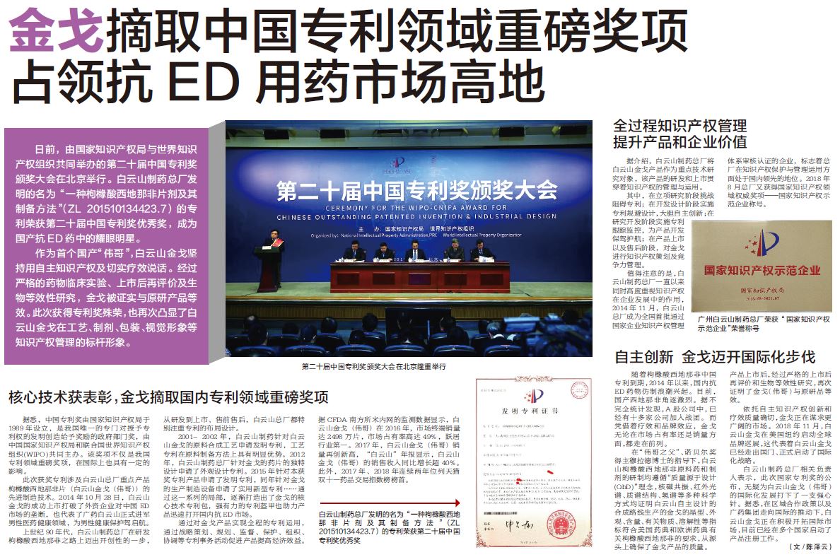 金戈摘取中国专利领域沉磅奖项 占据抗ED用药市场高地